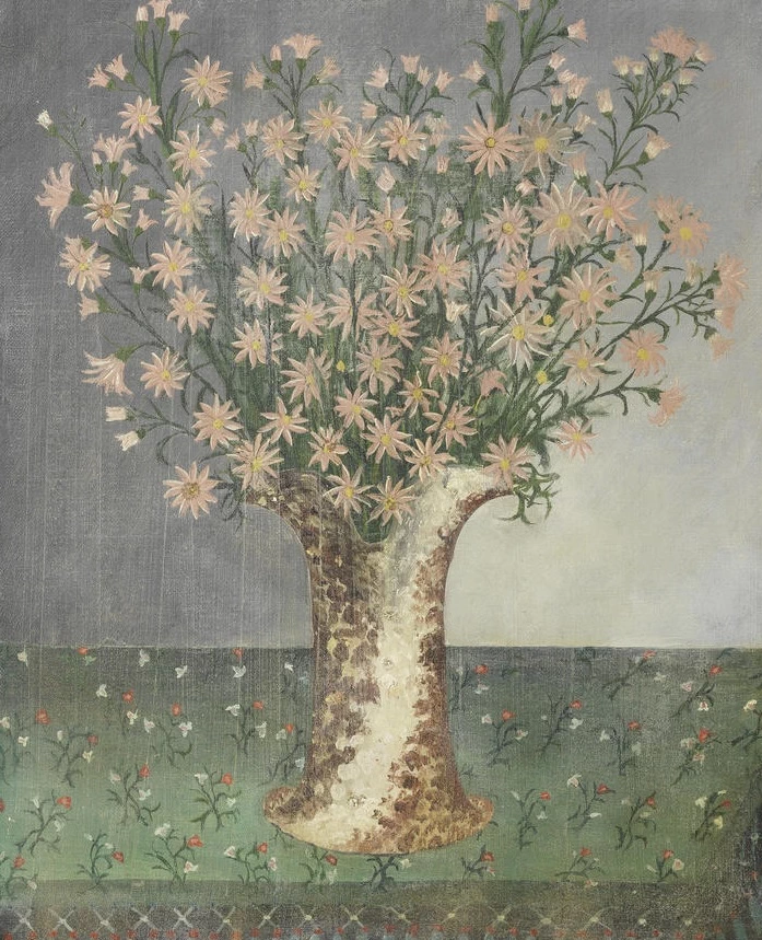 Vaso di fiori su tappeto sfrangiato, 1911